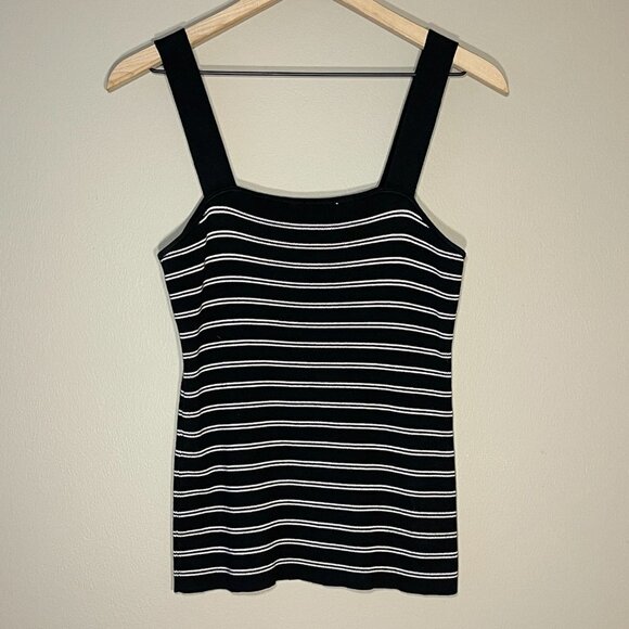 Women's S WHBM Black White Knit Striped Tank Square Neckline Thick Straps - Picture 3 of 6